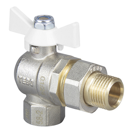 Кран шаровой TEBO полный проход, с накидной гайкой, угловой, с ручкой-бабочкой (белая)